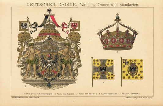 Deutscher Kaiser. Wappen, Kronen und Standarten. Lithografie von 1920