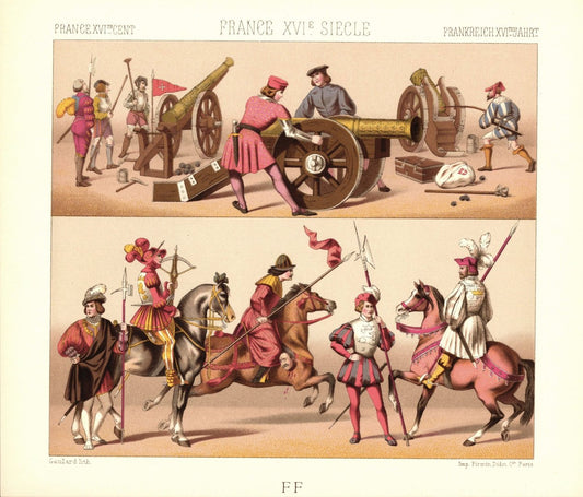 Frankreich. 16. Jhd. Zur Zeit von Ludwig XII. Leibwache, Armbrust. Lithografie von 1888. (T255)