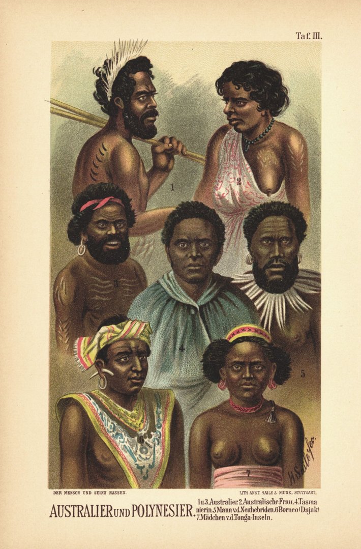 Australier und Polynesier. Lithografie von 1892