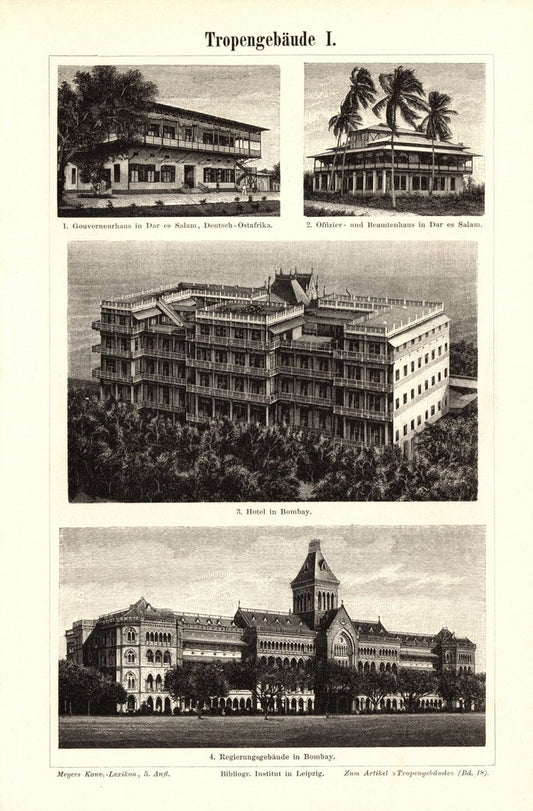 Tropengebäude. Buchillustration (Stich) von 1898