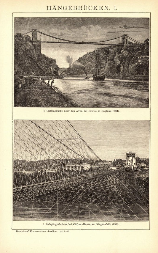 Hängebrücken. Buchillustration (Stich) von 1897