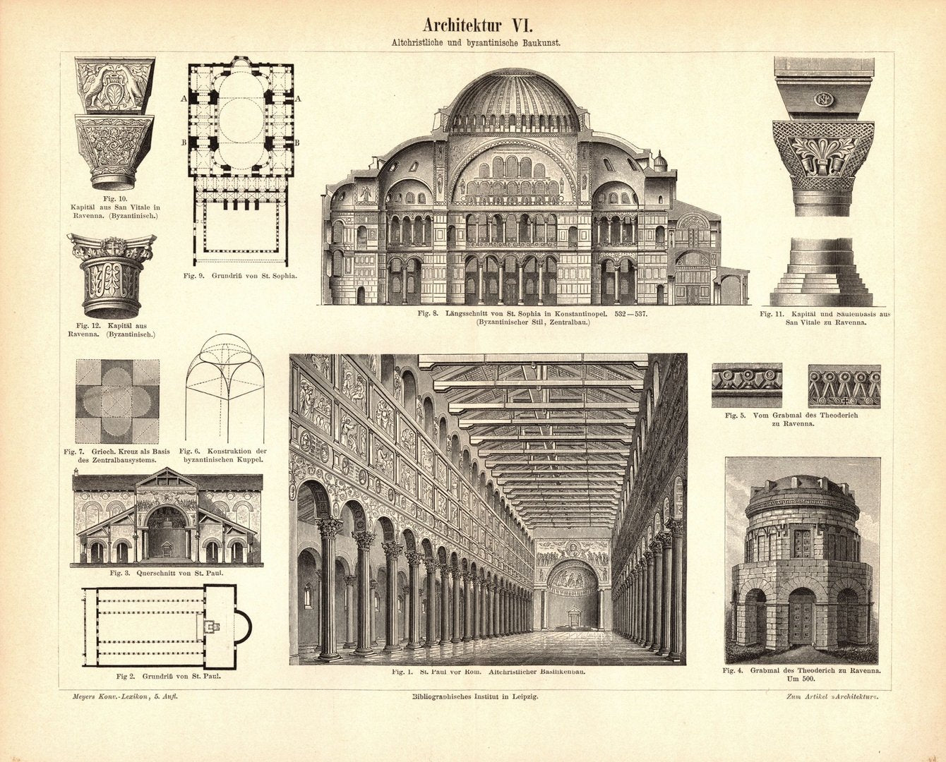 Architektur VI. Altchristliche u. byzantinische Baukunst. Buchillustration (Stich) von 1893