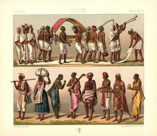 Indien. Niedere Kasten, Händler, Mönchsorden. Lithografie von 1888. (T127)