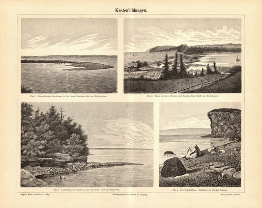 Küstenbildungen. Buchillustration (Stich) von 1896