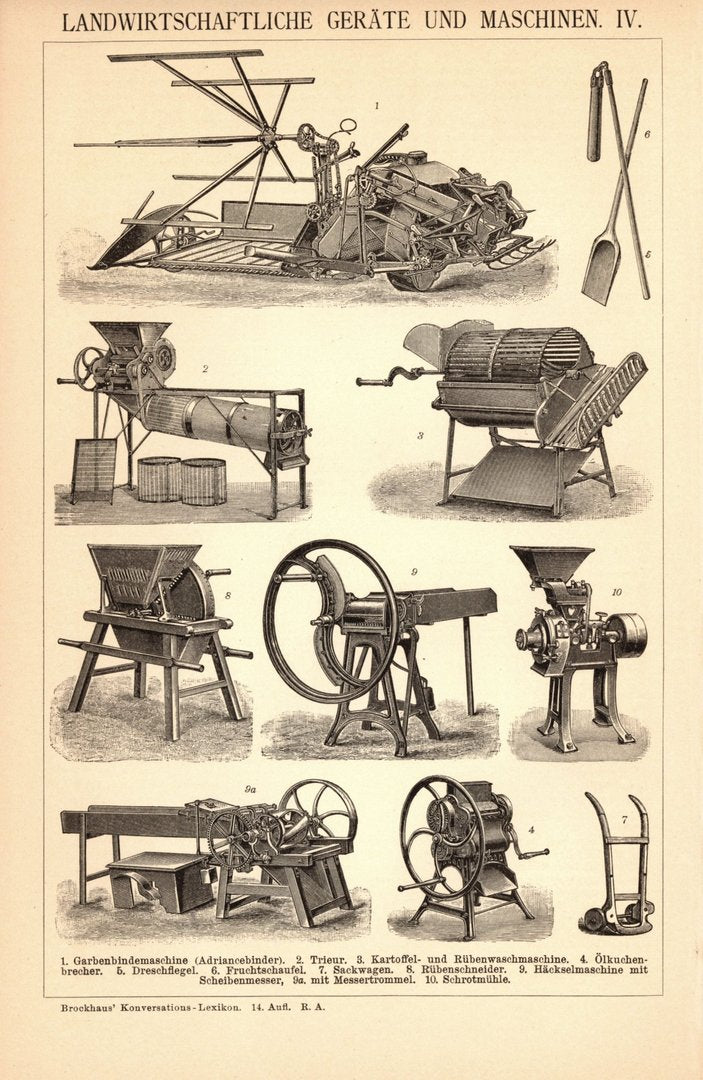 Landwirtschaftliche Geräte und Maschinen III-IV. Buchillustration (Stich) von 1897