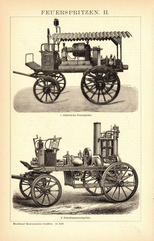 Feuerwehr, Feuerspritzen. Buchillustration (Stich) von 1897