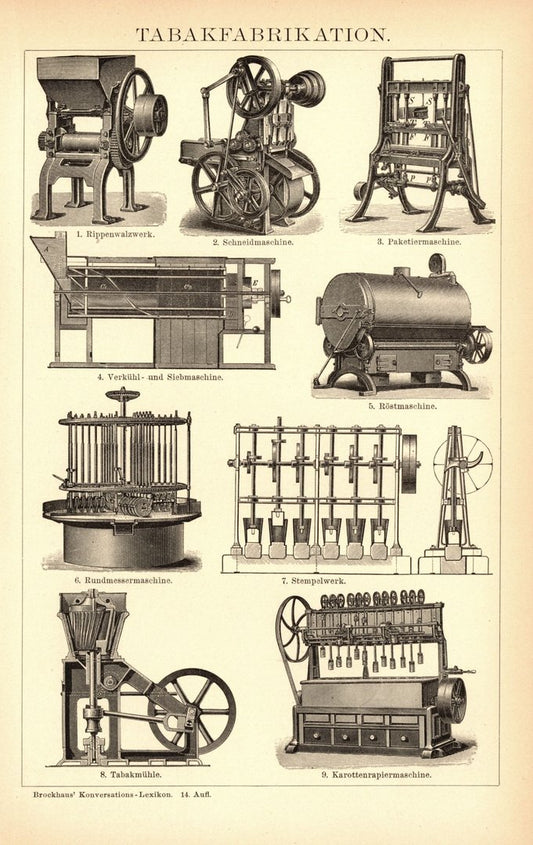 Tabakfabrikation. Buchillustration (Stich) von 1897