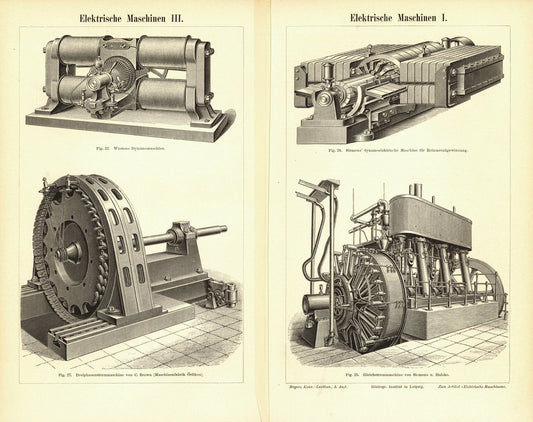 Elektrische Maschinen. Buchillustration (Stich) von 1894