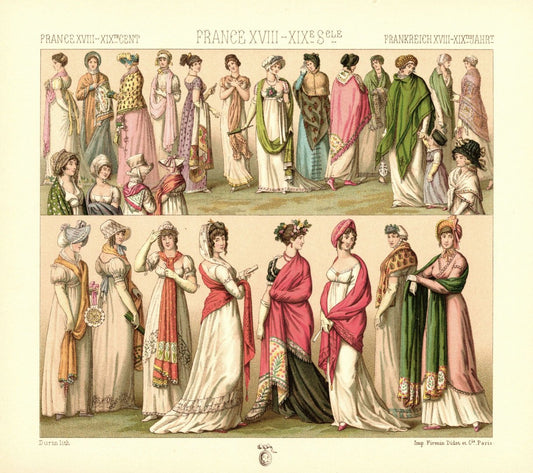 Frankreich. 1802-1814 Schals aus Kaschmir, Tuch, Wolle, Seide. Lithografie von 1888. (T407)