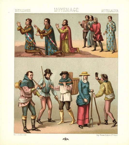 Mittelalter. 13. - 14. Jhd. Ritterkostüme, Bürgerliche, Bauern.  Lithografie von 1888. (T209)