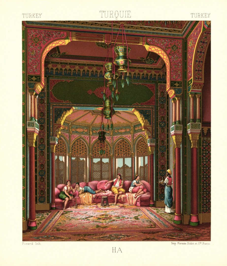 Türkei. Innen-Architektur des Palastes. Haaremssaal. Lithografie von 1888. (T174)