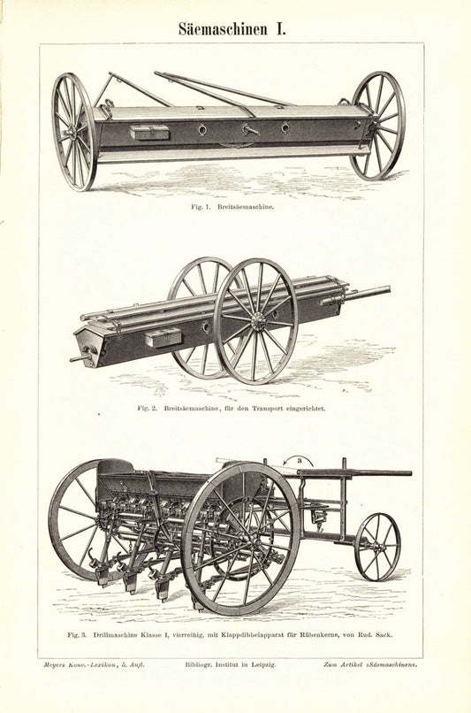 Sämaschine. Buchillustration (Stich) von 1897