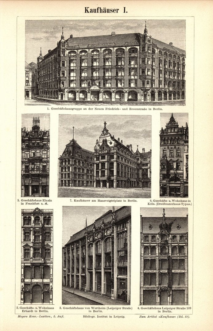 Kaufhäuser. Buchillustration (Stich) von 1898