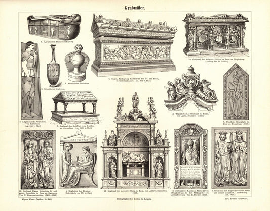 Grabmäler. Buchillustration (Stich) von 1894
