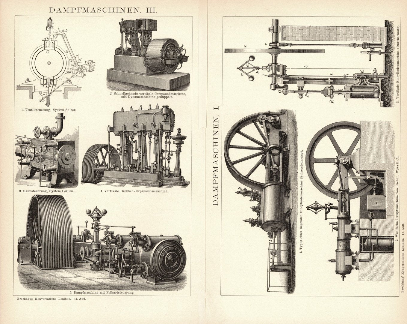 Dampfmaschinen. Buchillustration (Stich) von 1897