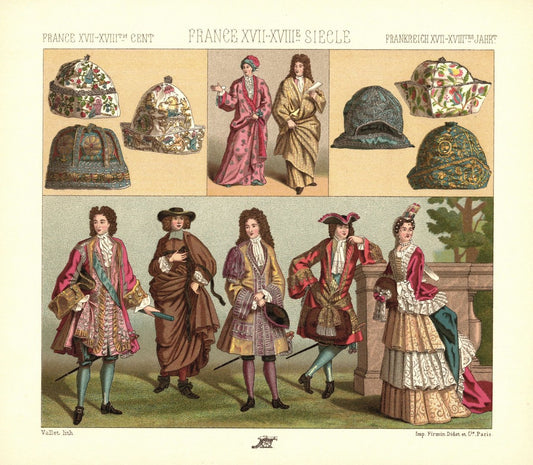 Frankreich. Hauskleidung, Hauben, Herren von hohem Stand. 17.-18.Jhd. Lithografie von 1888. (T352)