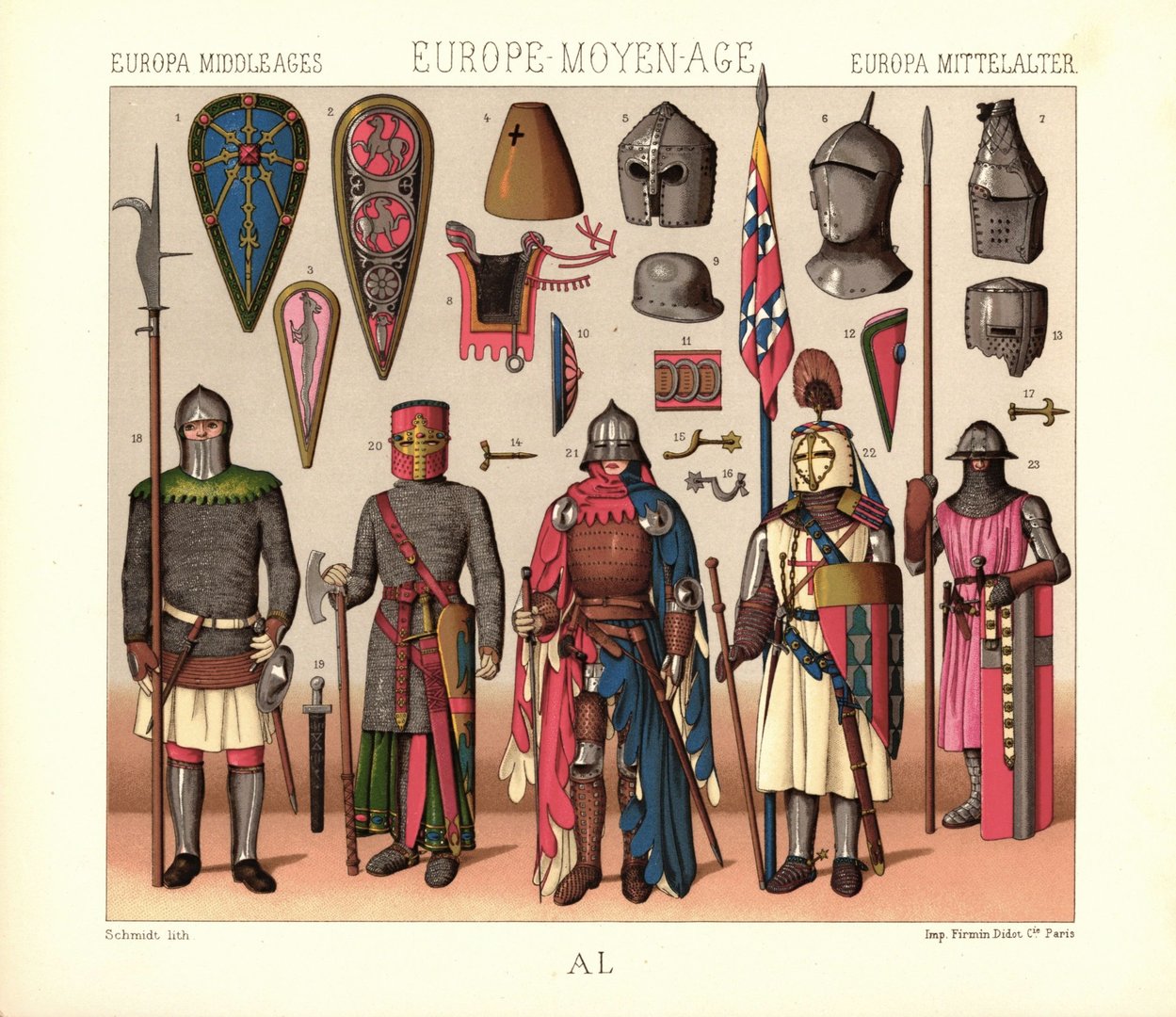 Mittelalter. Kriegskleidung, Frankreich, 13. bis 14. Jhd. Lithografie von 1888. (T202)