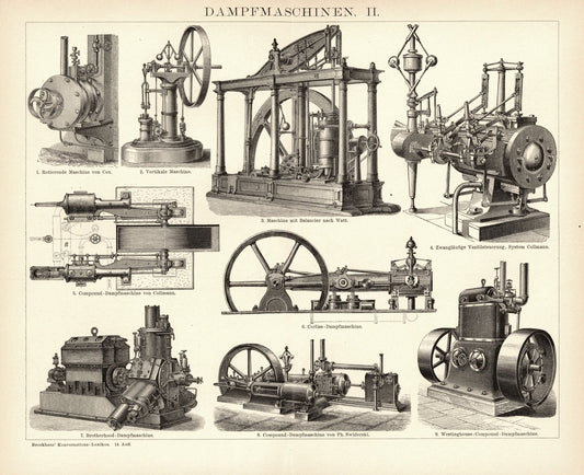 Dampfmaschinen. Buchillustration (Stich) von 1897