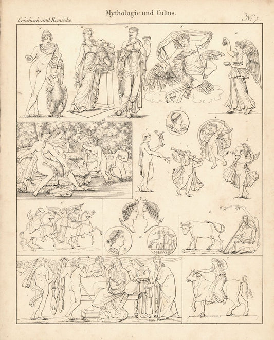 Mythologie und Cultus Nr.7 . Griechisch und Römisch. Lithografiertes Blatt von 1830.