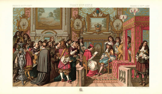 Frankreich. Prunkzimmer. Königliche Audienz mit Geistlichen. 17. Jhd. Lithografie von 1888. (T344)