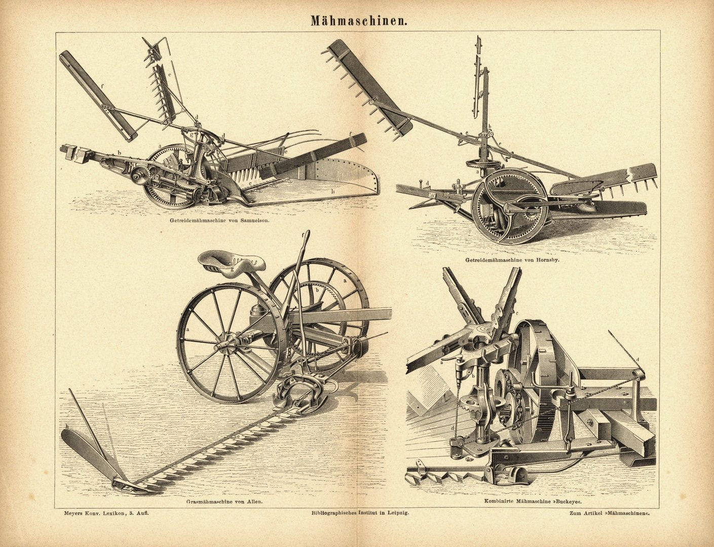 Mähmaschinen. Buchillustration (Stich) von 1877
