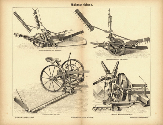 Mähmaschinen. Buchillustration (Stich) von 1877