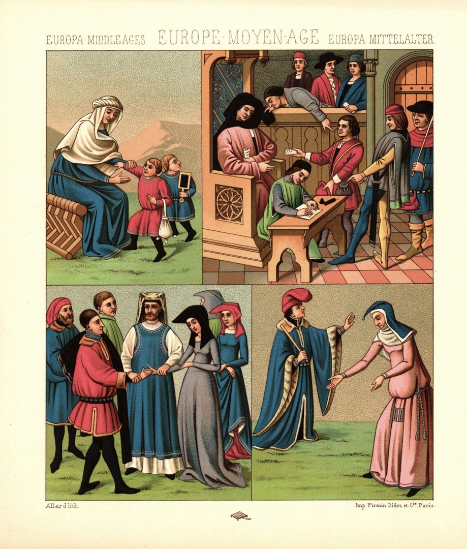 Frankreich.2. Hälfte des 15. Jhd. zivile Kleidung, Gerichtsszenen. Lithografie von 1888. (T215)