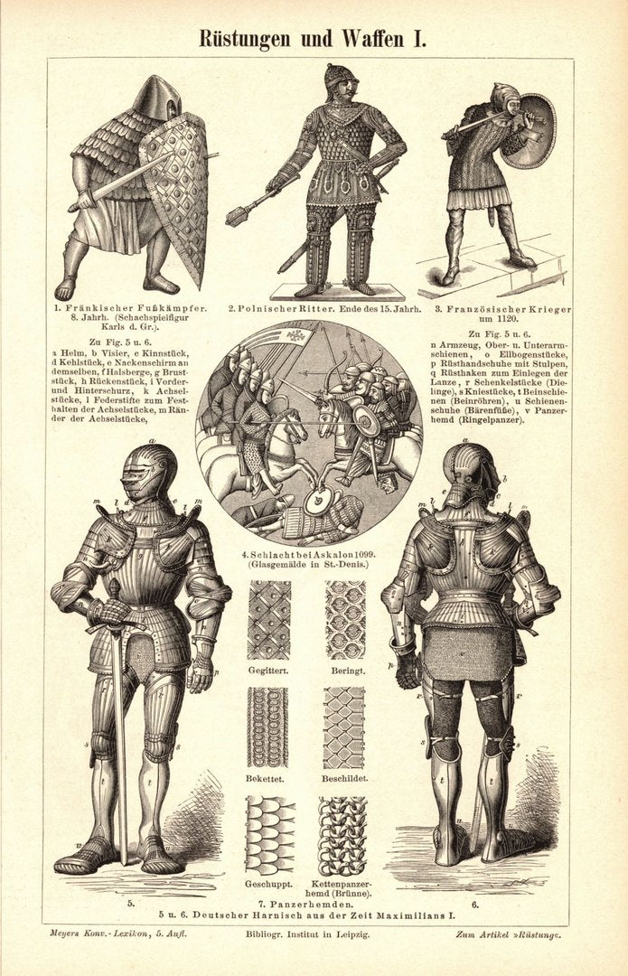 Rüstungen und Waffen. Buchillustration (Stich) von 1897