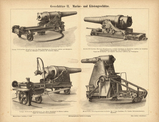 Geschütze II, Marine- und Küstengeschütze. Buchillustration (Stich) von 1876