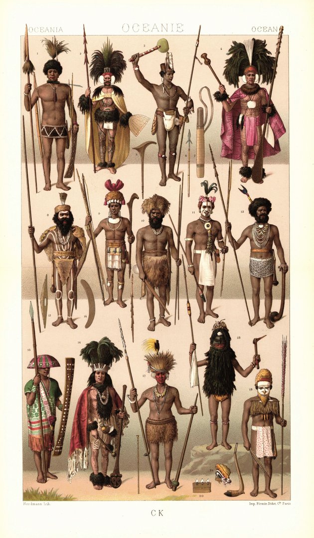 Ozeanien. Aboriginis, Einwohner der Admiralitätsinseln, Papua aus Neugu. Lithografie von 1888. (T60)