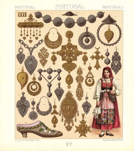 Portugal. Volkstümlicher Schmuck. Gold und Silberschmuck. Lithografie von 1888. (T483)