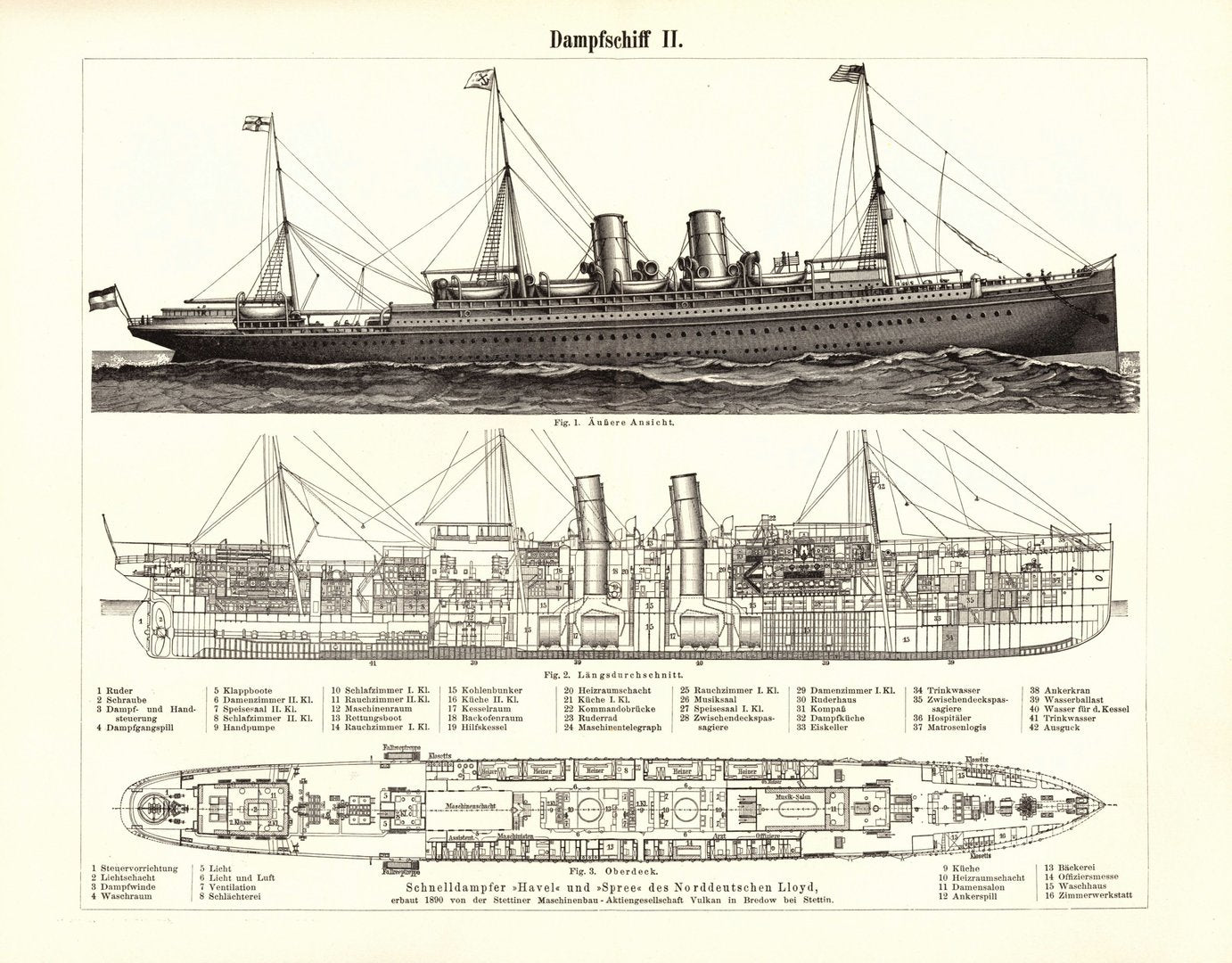 Dampfschiff I-II. Buchillustration (Stich) von 1895