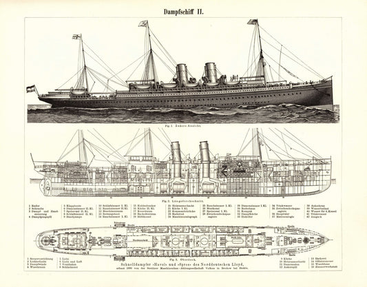 Dampfschiff I-II. Buchillustration (Stich) von 1895
