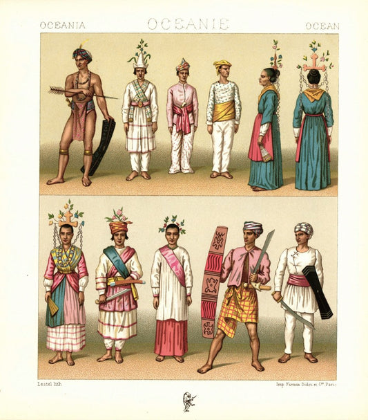 Ozeanien Java, Borneo, Singapur. Traditionelle Kleidung . Lithografie von 1888. (T65)