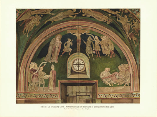 Die Kreuzigung Christi. Wandgemälde aus der Unterkirche in Bonn. Lithografie von 1905