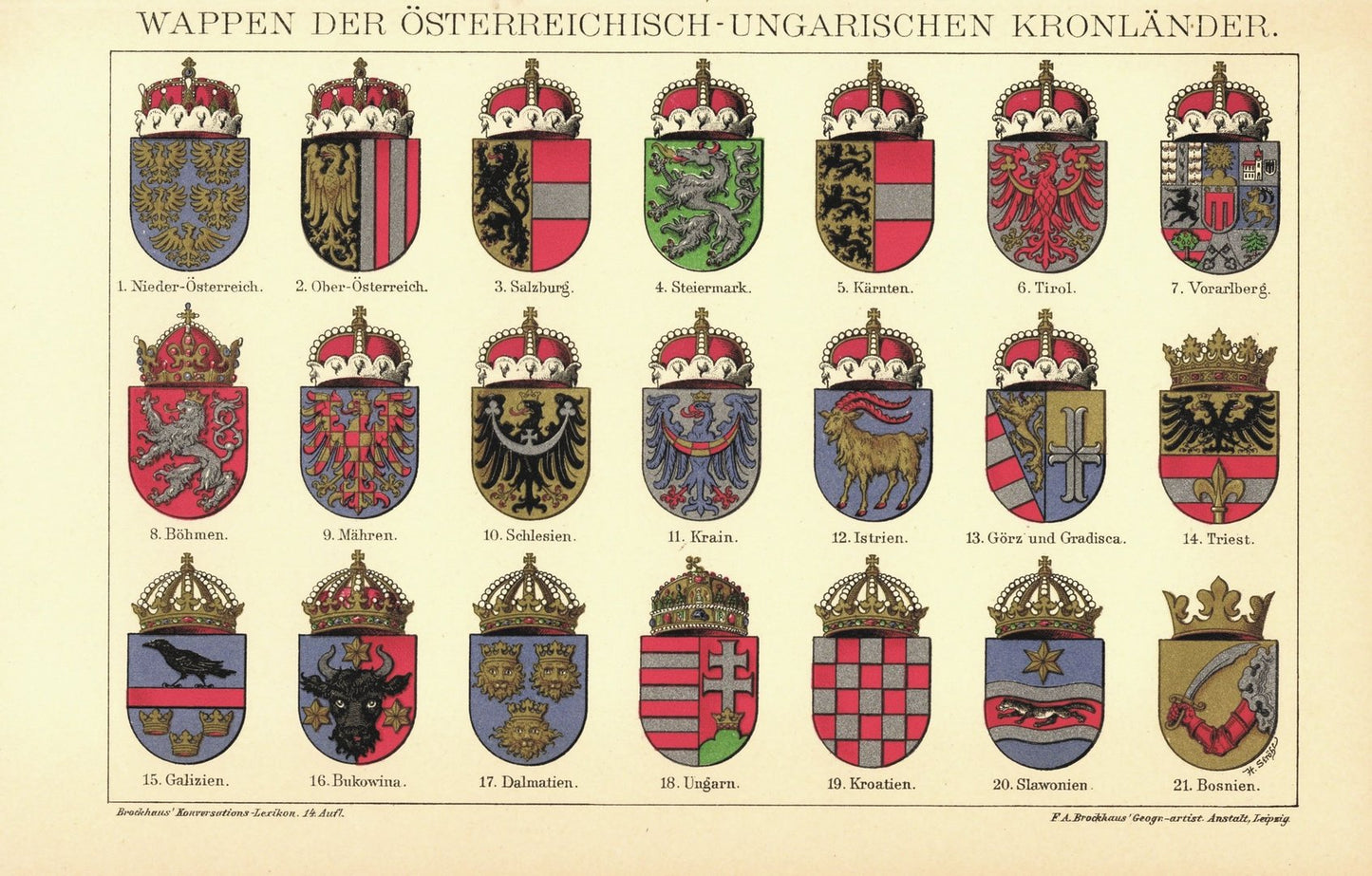 Wappen der Österreichisch-Ungarischen Kronländer. Lithografie von 1920