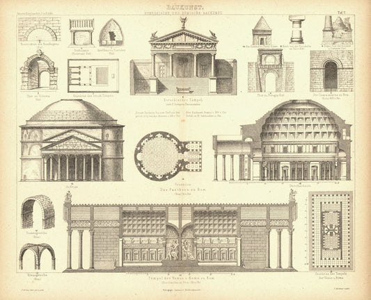 Etruskische und Römische Baukunst. Buchillustration (Stich) von 1874