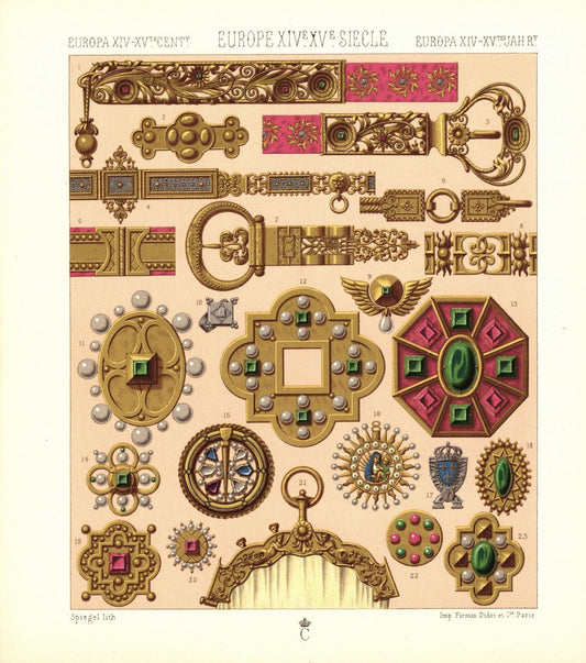 Europa. 14.-15. Jhd. Juwelierbeiten, Goldschmiedekunst. Lithografie von 1888. (T224)