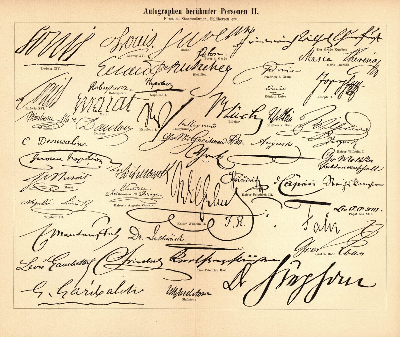 Autographen berühmter Personen I-II. Buchillustration (Stich) von 1893