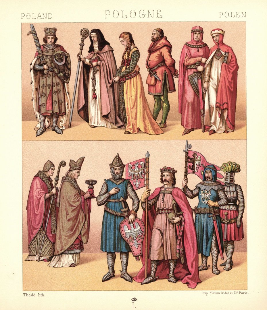 Polen. 13. und 14.Jhd. König, Adel, Klerus, religiöse Orden, Bürgertum. Lithografie von 1888. (T449)