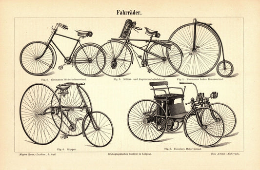 Fahrräder. Buchillustration (Stich) von 1895